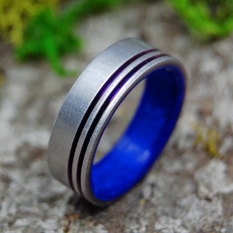 women’s birthstone rings -My Heart. You Own It. | Men's Sodalite Stone, Anodized Purple & Titanium Wedding Ring