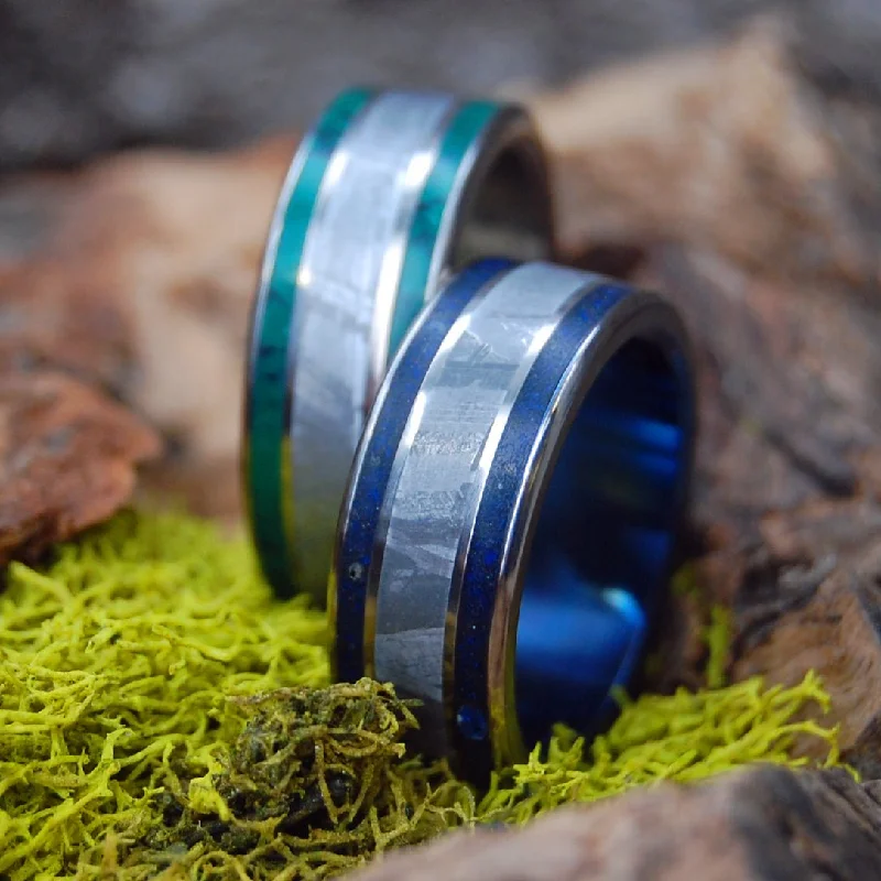 stylish gemstone rings -Meteorite So Hot And Midnight Set | Meteorite & Jade & Beach Sand Titanium Wedding Ring Set