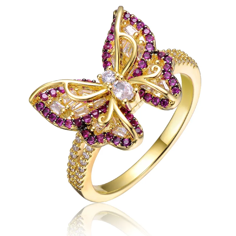 engagement rings with personalized engraving -RG Young Adults/Teens 14k Yellow Gold Plated with Amethyst & Cubic Zirconia Butterfly Split Top Ring