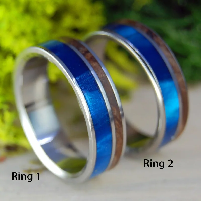 women’s signet rings -Boosheret | Blue Marbled Opalescent & Dark Wood Wedding Ring Set