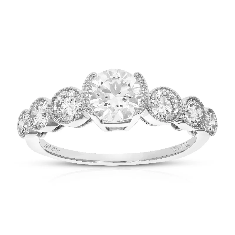 timeless diamond engagement rings -1.50 cttw Round Lab Grown Diamond Engagement Ring 7 Stones 14K White Gold Bazel Set 3/4 Inch