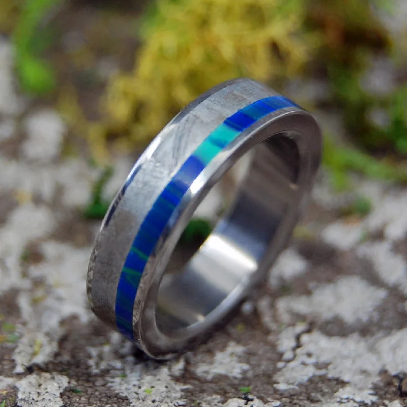 gold band rings for women -Offset Blue Inter-Space | Men's Meteorite, Stone & Titanium Wedding Ring