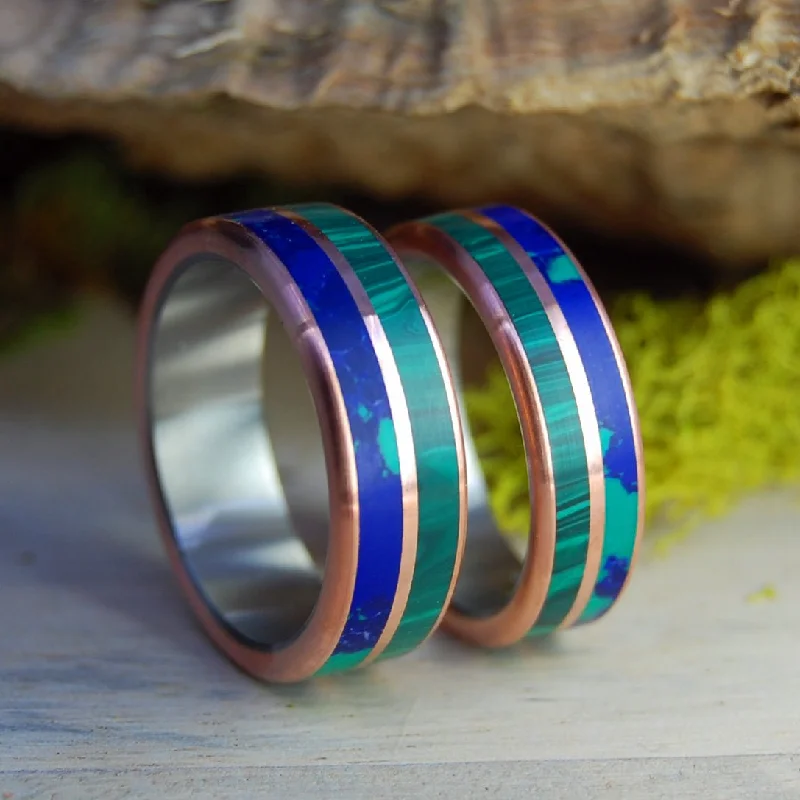 stylish gemstone rings -Copper Can't Hold Us Back | Malachite Stone, Azurite Stone - Unique Wedding Ring - Wedding Ring Set