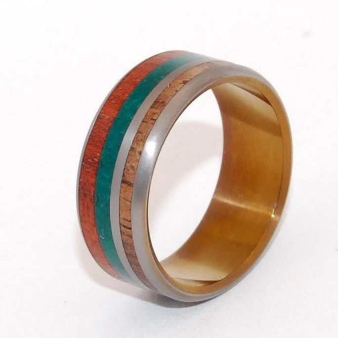 cocktail rings for weddings -Strawberry Fields | Men's Bloodwood, Jade Stone, Hawaiian Koa Wood & Titanium Wedding Ring