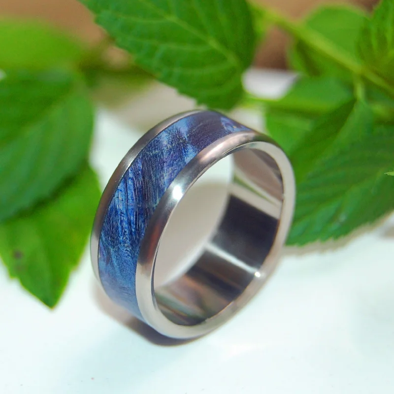 wedding rings with diamonds -Linger In The Hills | Men's Blue Box Elder Wood & Titanium Wedding Ring