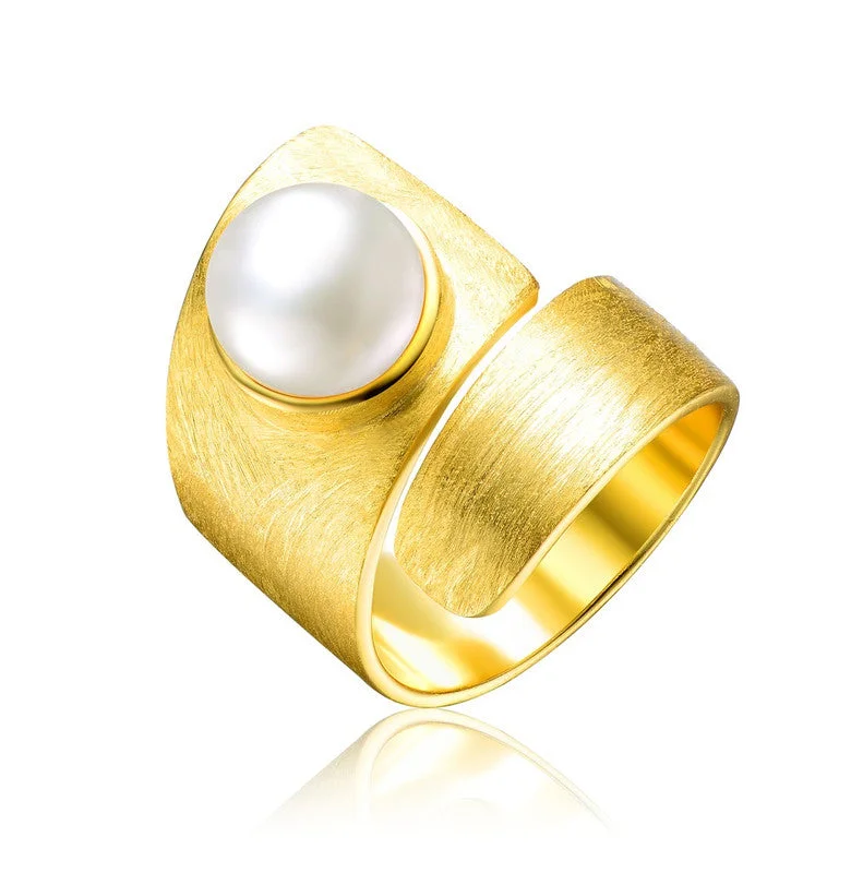 engagement rings with matching bands -Sterling Silver 14k Gold Plated with Genuine Freshwater Pearl Modern Ring