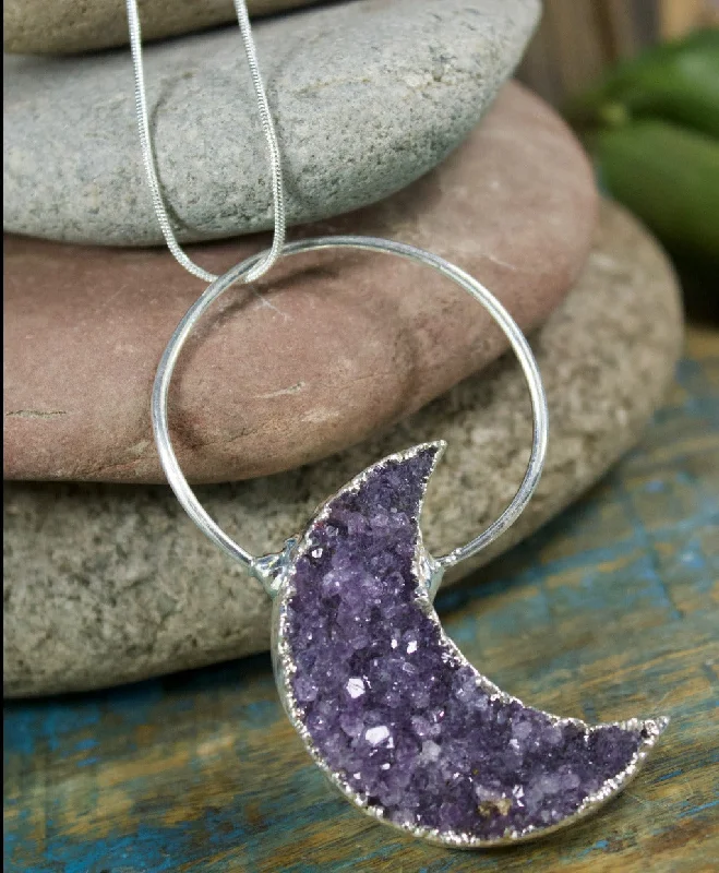 gemstone studded necklaces -Amethyst Druzy Moon Necklace