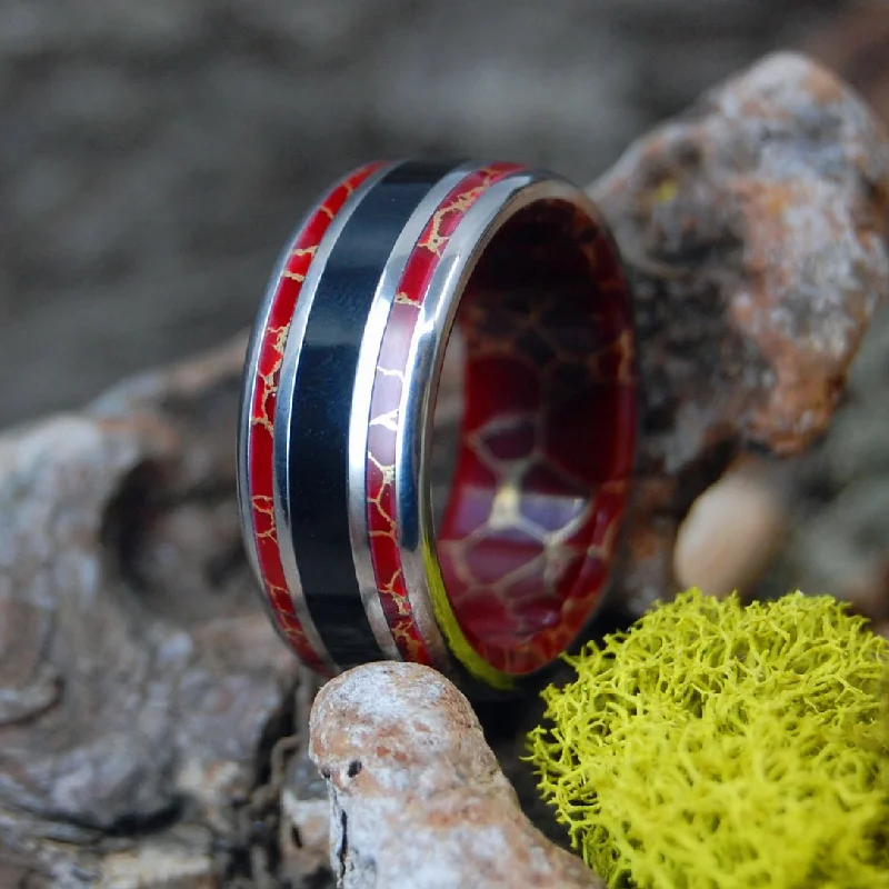 stackable rings for women -Those Days | Men's Red Gold Webbed Jasper, Onyx Stone & Titanium Wedding Ring