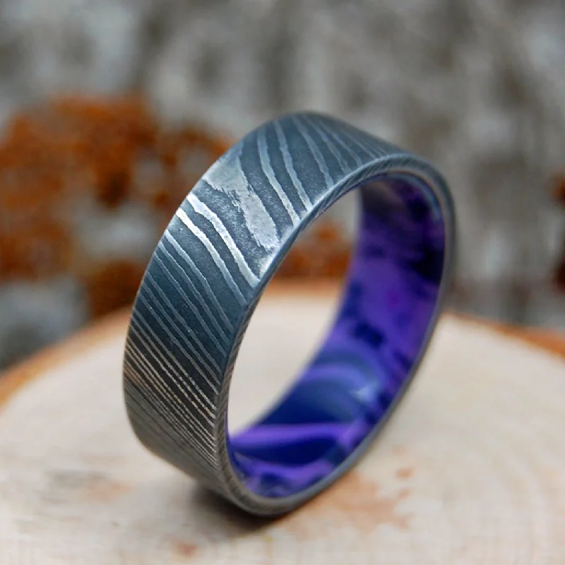 beautiful engagement rings -Charoite Stone Vortex | Men's Damascus Steel, Purple Charoite Stone & Titanium Wedding Ring