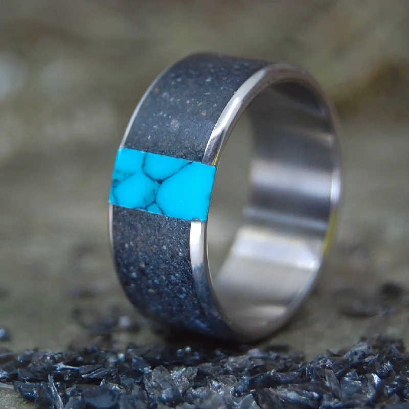 fashionable signet rings -No One Else | Men's Icelandic Lava, Turquoise Stone & Titanium Wedding Ring