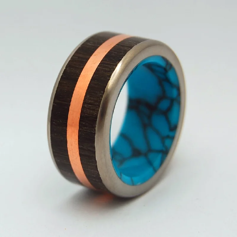 birthstone rings for women -Copper Bog | Men's Copper, Bog Oak & Turquoise Titanium Wedding Ring