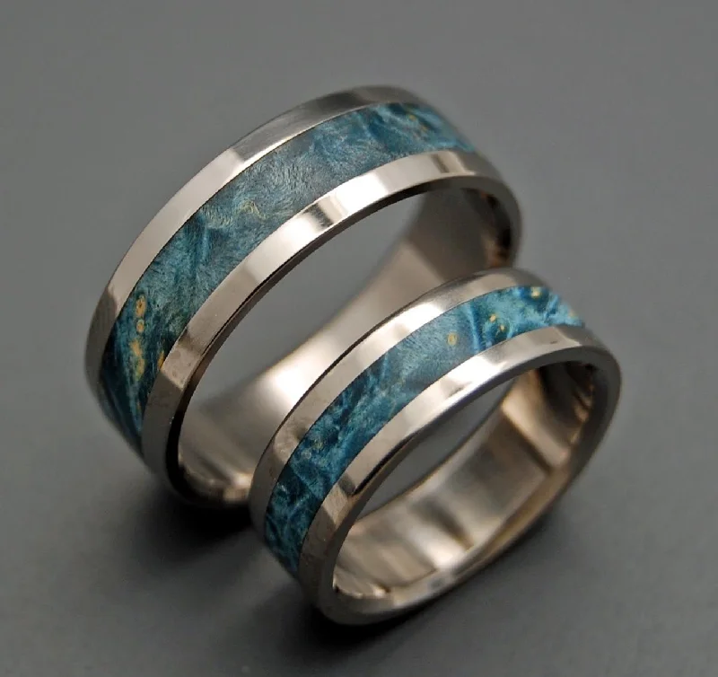 best selling rings for women -Starry Starry Night | Blue Box Elder Wood & Titanium - Unique Wedding Ring - Wedding Ring Set