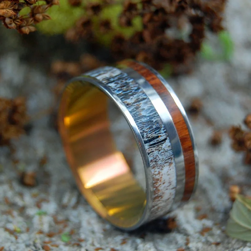 women’s stackable gold rings -Moose At Sunset | Men's Antler, Wood & Titanium Wedding Ring