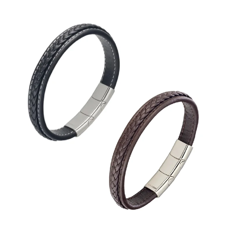 colorful gemstone bangles -Leather & Stainless Steel Men's Bracelet - Braid With Stitching Various