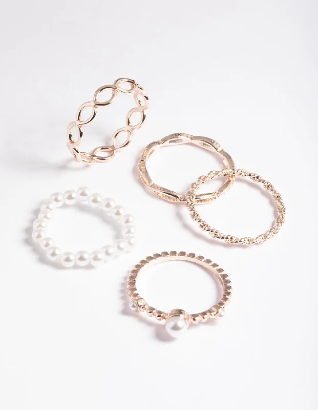 rose gold engagement rings -Rose Gold Pearl and Twist Ring 5-Pack