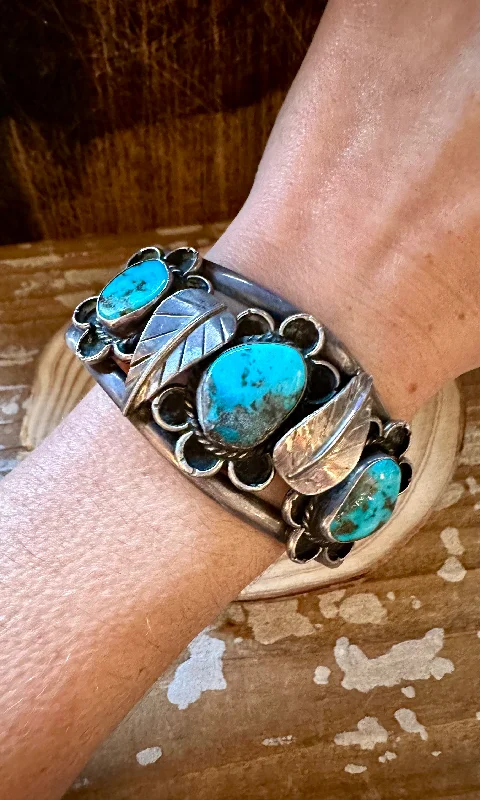 handcrafted gemstone bangles -APPLIQUE FLOWER CUFF Navajo Turquoise Sterling Silver Cuff 54g