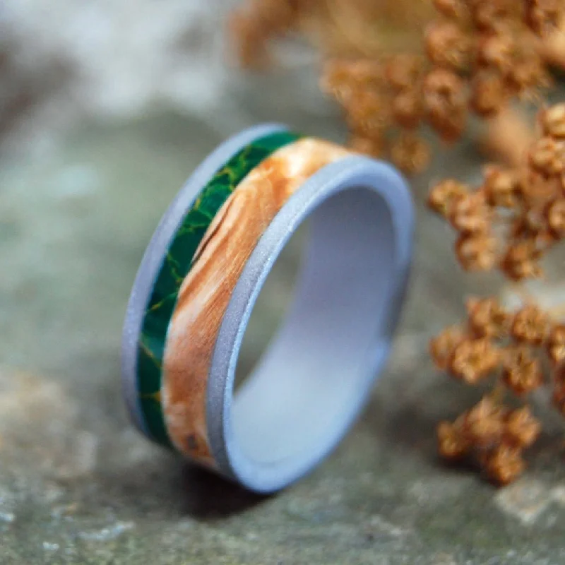 luxury wedding rings -Hold My Hand Sandblasted | Men's Egyptian Jade, Wood & Titanium Wedding Ring