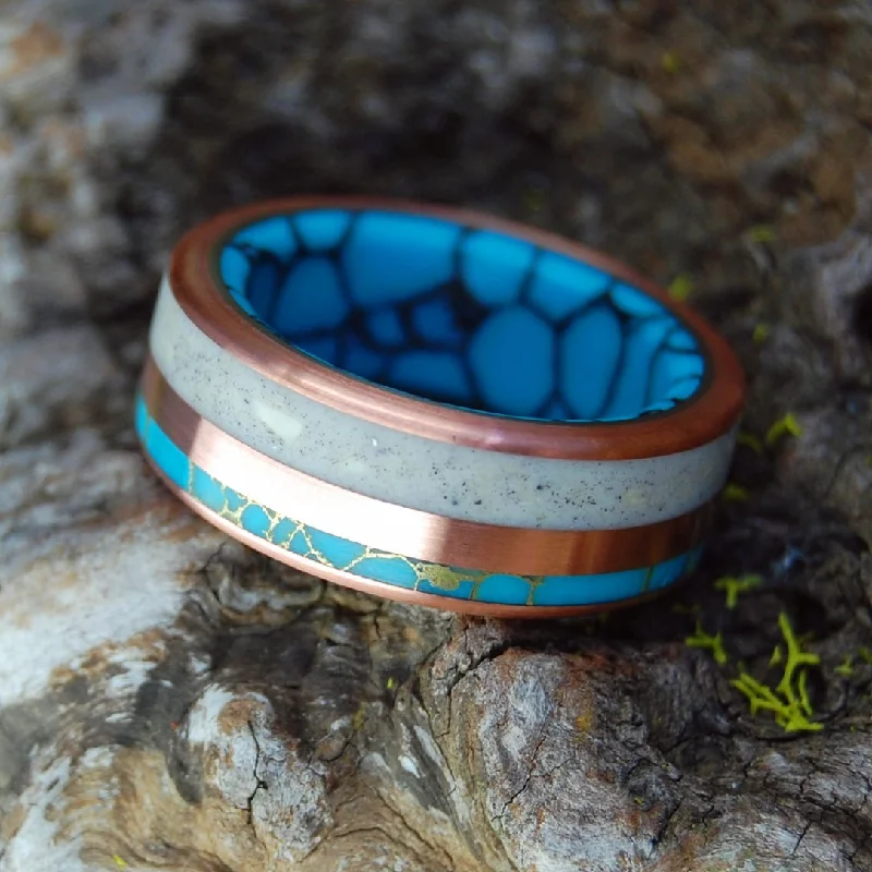 gold wedding bands -Glacial Relic | Men's Woolly Mammoth Tusk, Copper, Turquoise & Titanium Wedding Ring