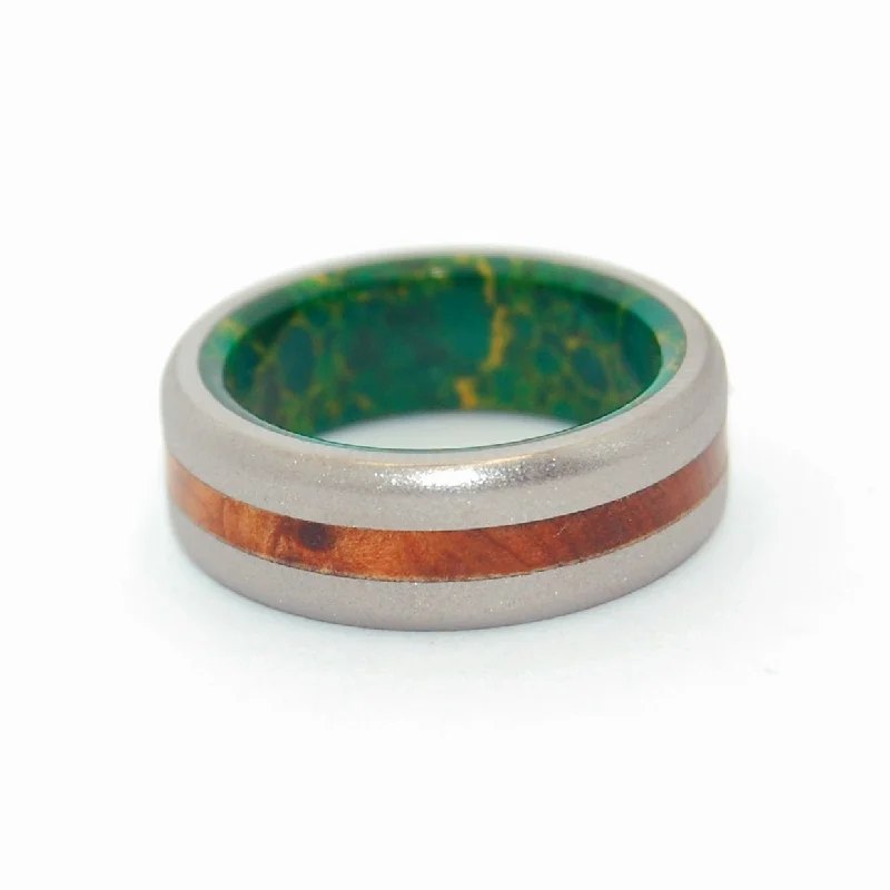 wedding rings for men and women -Evolve | Men's Egyptian Jade Stone, Thuya Burl Wood & Titanium Wedding Ring