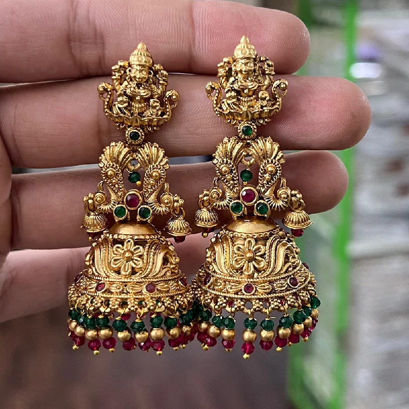 women’s statement earrings -Diksha Collection Gold Plated Pota Stone Temple Jhumki Earrings