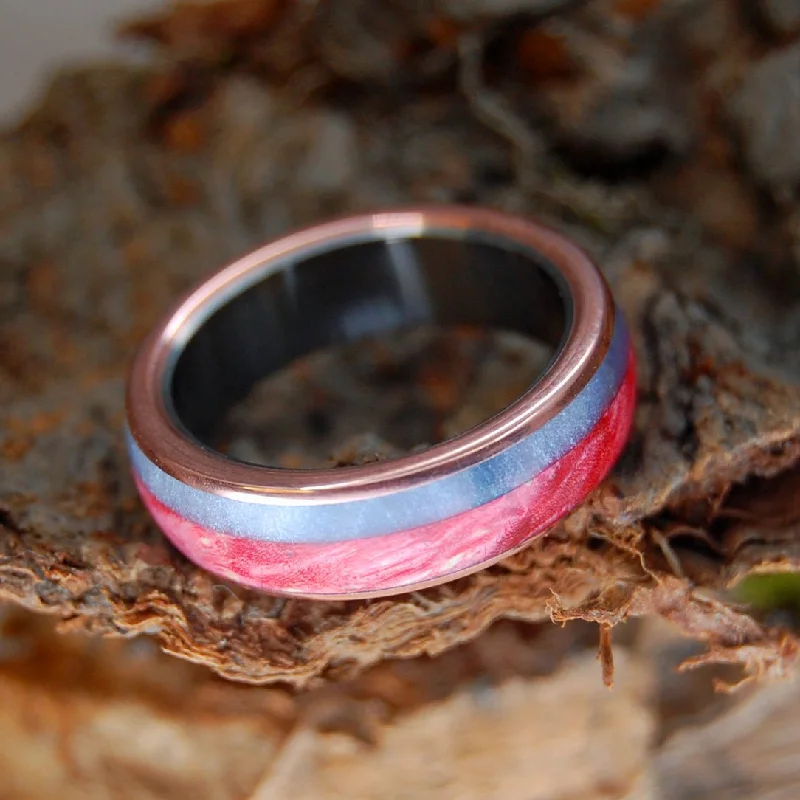 engagement rings with emerald -Bog At Sunset | Men's Gray Marbled Opalescent, Red Box Elder, Copper & Titanium Wedding Ring