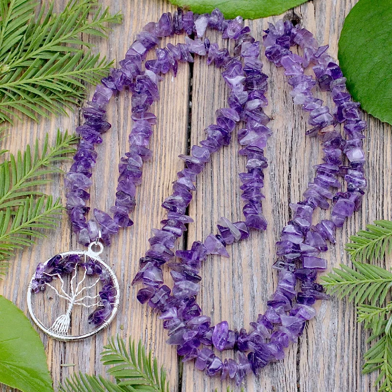 special occasion necklaces for women -Amethyst Chip Necklace with Tree of Life Pendant