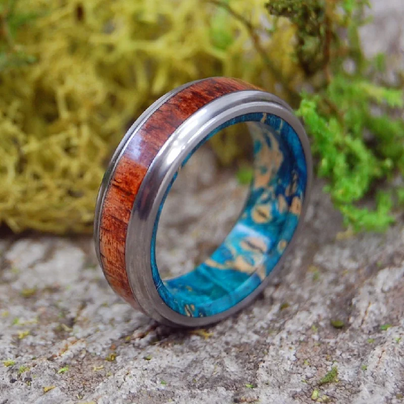 custom rings for women -Koa Blue | Men's Koa Wood, Blue Box Elder Wood & Titanium Wedding Ring