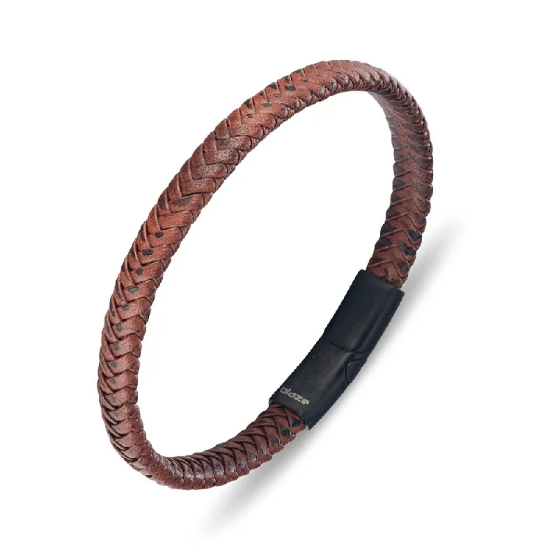 women’s statement bracelets -Leather & Stainless Steel Men's Bracelet - Brown Braid