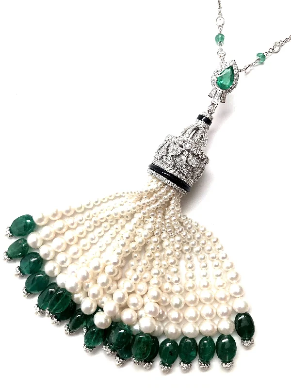 rose gold necklaces -Emerald Top Hat Tassel 18K White Gold Necklace