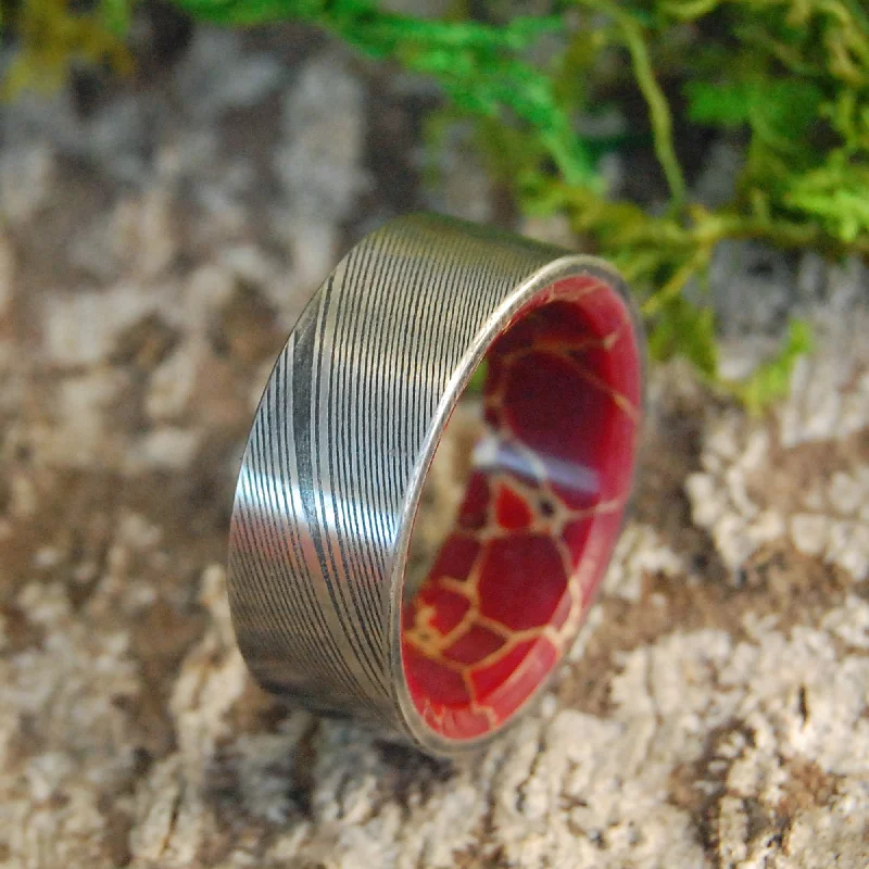 handcrafted rings for women -Red Jasper Vortex | Men's Damascus Steel, Red Jasper & Titanium Wedding Ring