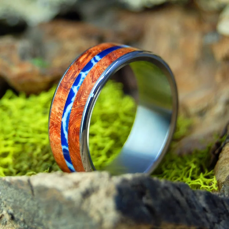 handmade wedding rings -Cobalt Fault Line | Men's Amboyna Wood, Cobalt Stone & Titanium Wedding Ring