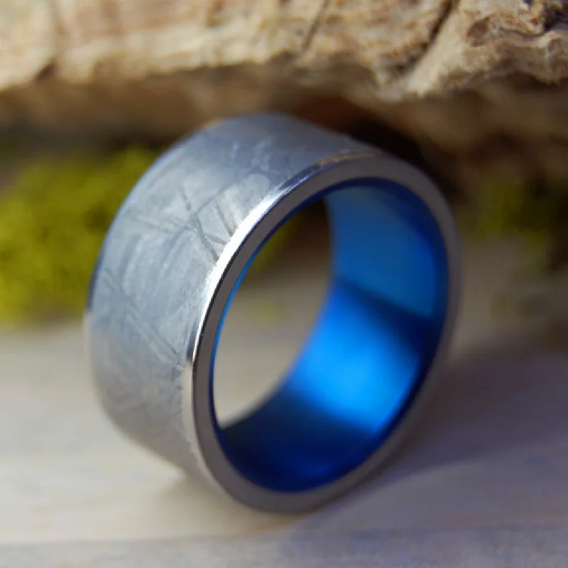 vintage rings for women -Blue Moon Landing | Men's Meteorite & Blue Anodized Titanium Wedding Ring