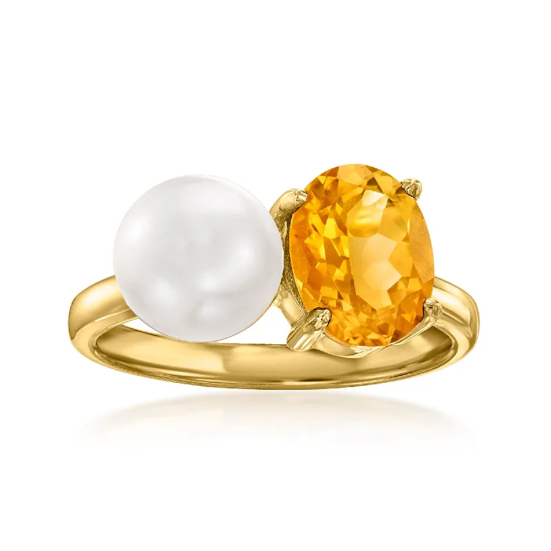 vintage-inspired engagement rings -Ross-Simons 7.5-8mm Cultured Pearl and Citrine Toi Et Moi Ring in 18kt Gold Over Sterling