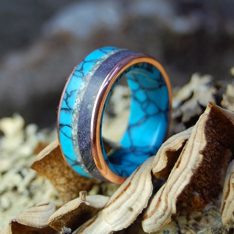 vintage engagement rings -Colors Of Okinawa II | Men's Turquoise, Pink Okinawa Beach Sand, Wood & Copper Wedding Ring