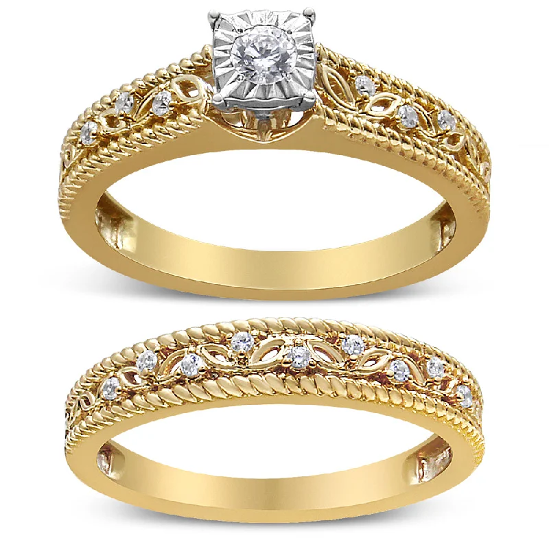 large stone engagement rings -14K Yellow Gold Plated .925 Sterling Silver 1/5 Cttw Diamond Art Deco Style Engagement Ring Bridal Set