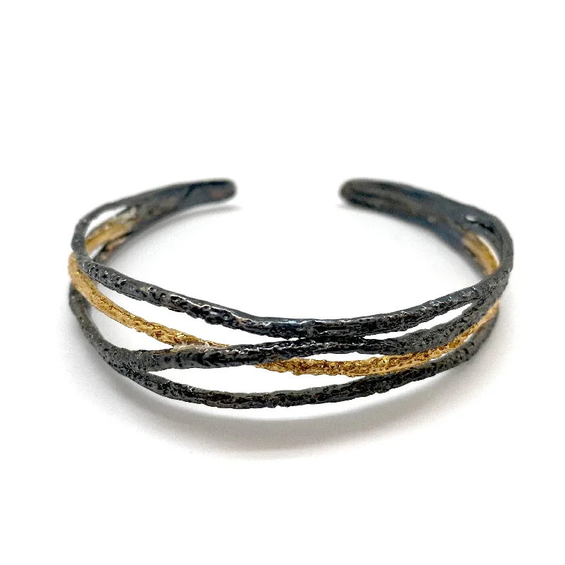 crystal bangles for women -Black and Gold Textured Bracelet