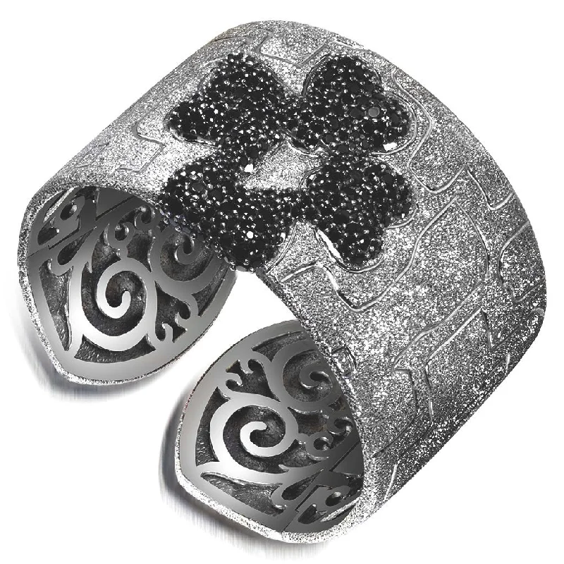 handcrafted gemstone bangles -Silver Crossroad Black Cuff Bracelet with Black Spinel