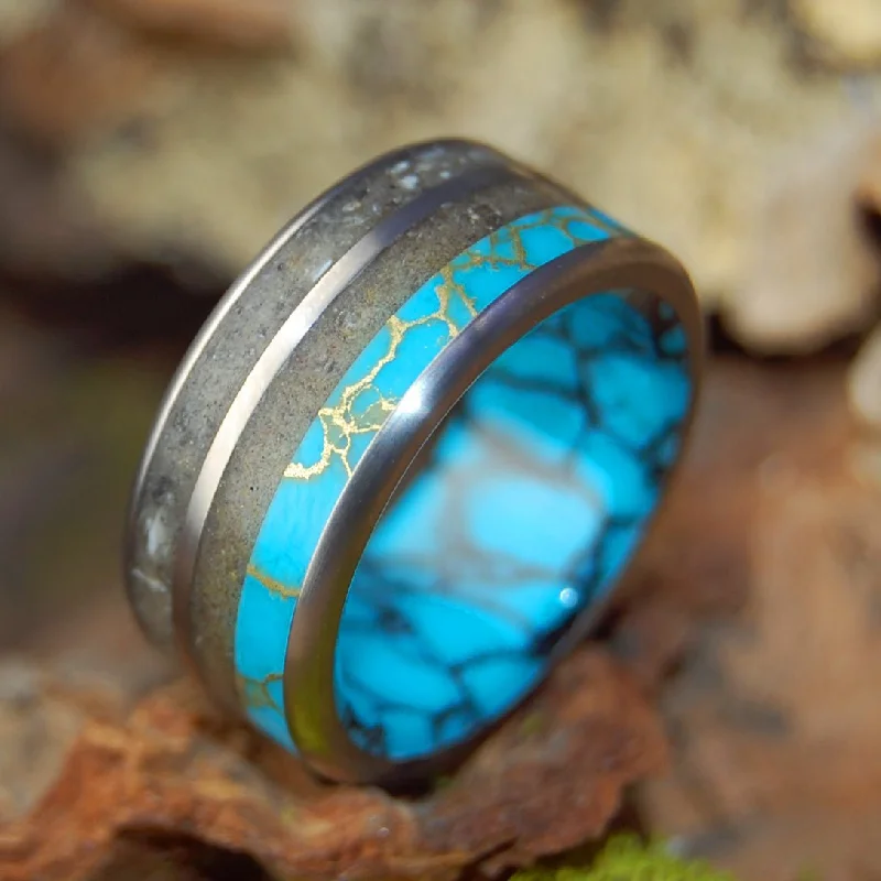 unique gold wedding rings -Beach Sand And Turquoises | Men's Beach Sand, Turquoise & Titanium Wedding Ring