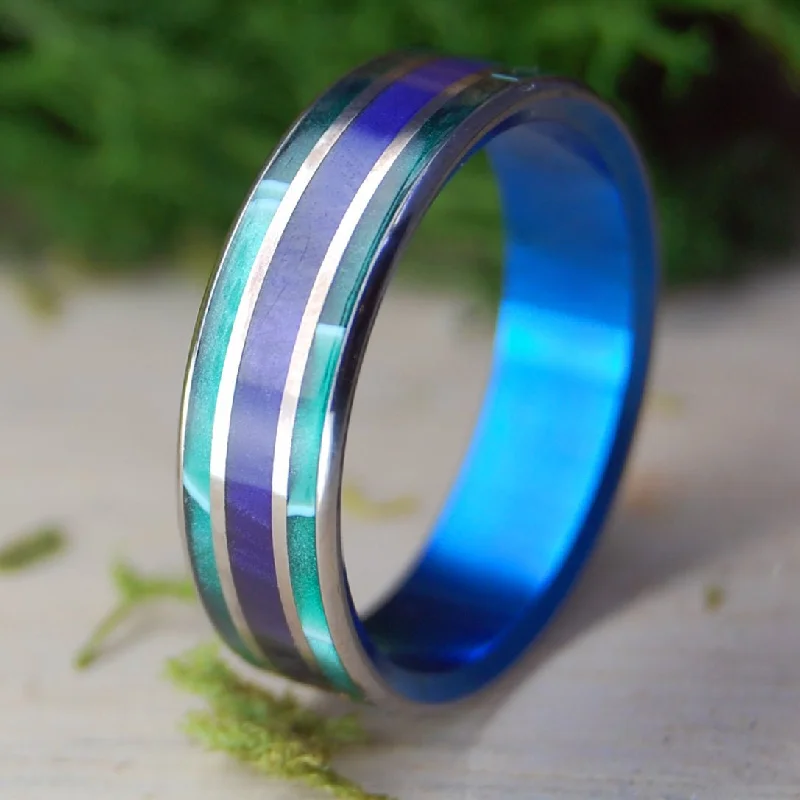 affordable wedding rings -Purple Pleasures With Blue | Men's Aquatic Green Resin, Purple Marbled Opalescent & Titanium Wedding Ring