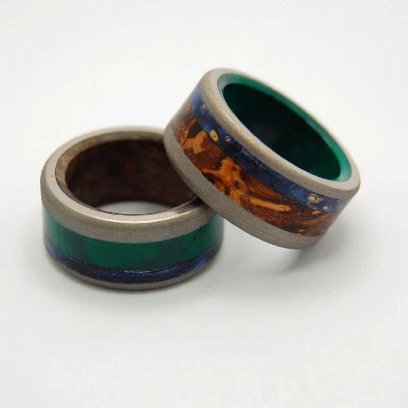 stackable gemstone rings -Shikoku Island & Yoshino River | Jade Stone, Blue Box Elder Wood & Titanium - Wooden Wedding Ring