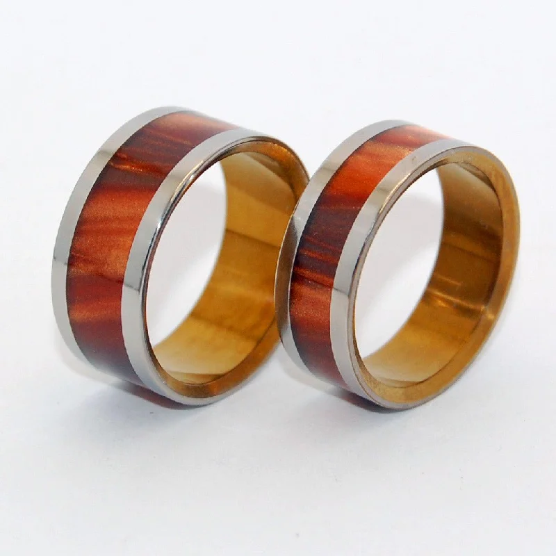 luxury rings for women -Golden Stair | Bronze Opalescent Resin & Hand Anodized Titanium Wedding Ring Set