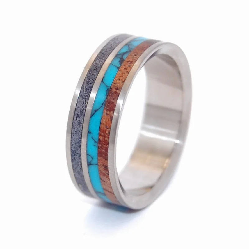 gold wedding bands -Faraday | Men's Turquoise, Wood & Titanium Wedding Ring