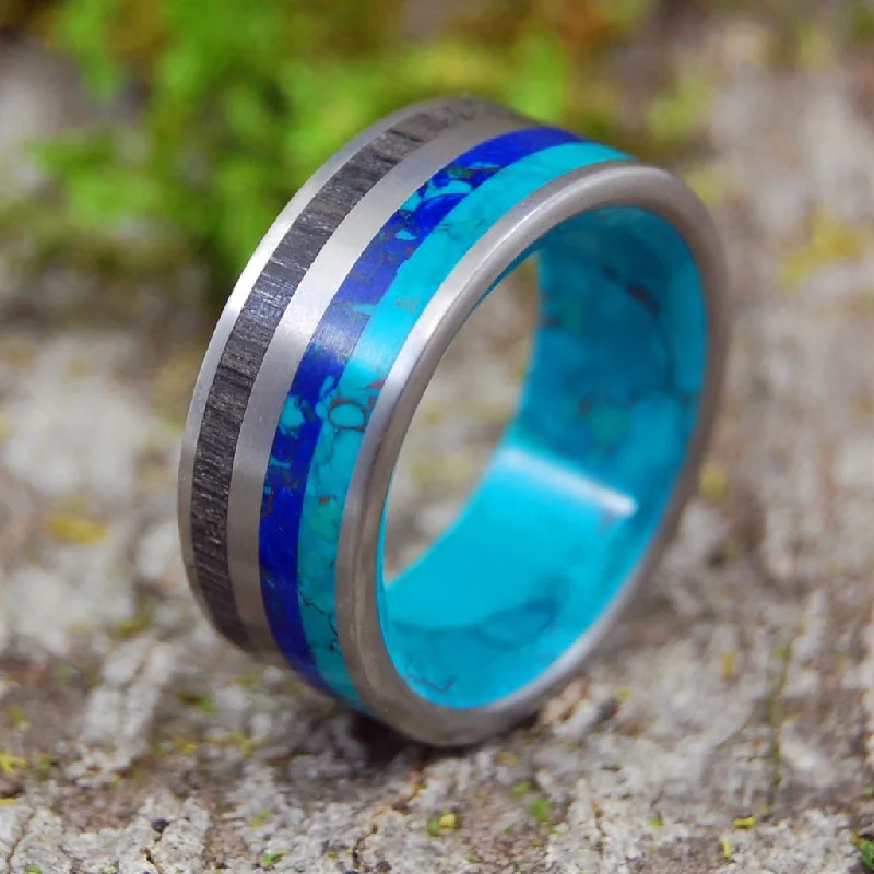 wedding rings for men and women -Bog & Stone | Men's Bog Oak Wood, Chrysocolla & Titanium Wedding Ring