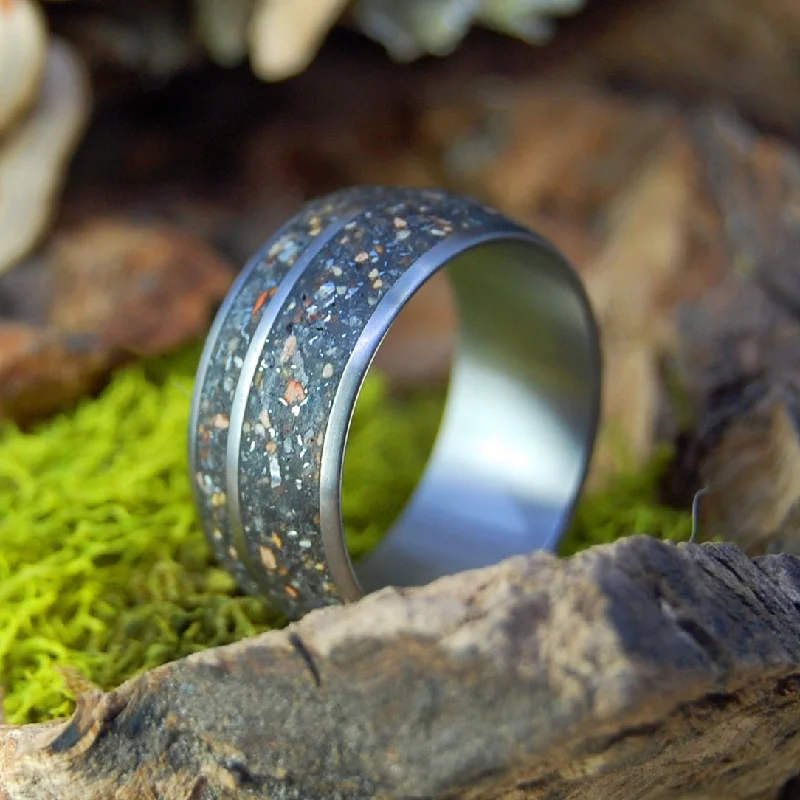 women’s birthstone rings -Meteorite Hits Fenway | Men's Meteorite, Kaanapali Maui Beach Sand, Fenway Park Pitcher Mound Dirt & Titanium Wedding Ring