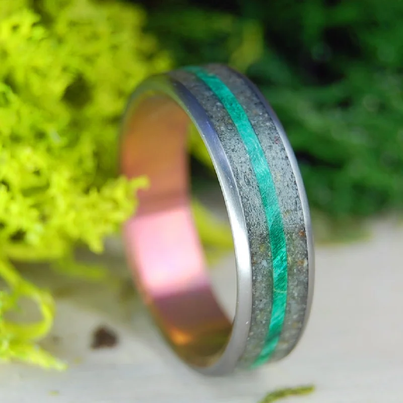 custom rings for women -Rathlin Island Ireland | Men's Rathlin Island Beach Sand, Green Box Elder Wood & Titanium Wedding Ring