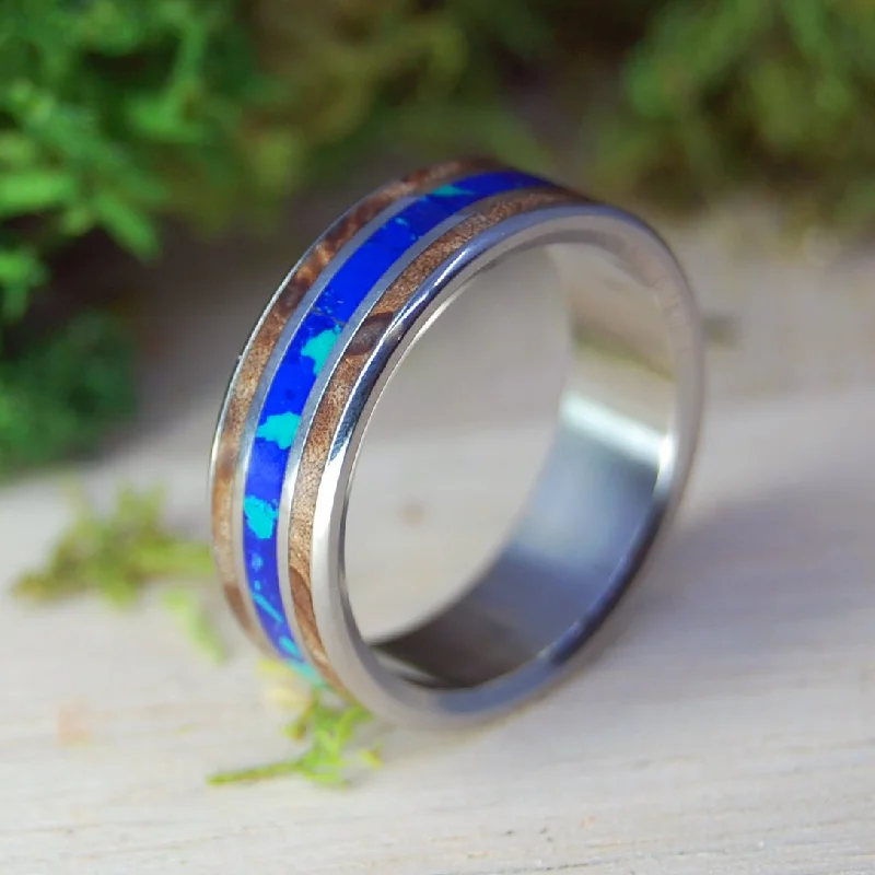 personalized wedding rings -Dark Maple Galaxy Centered | Men's Dark Maple Wood, Azurite, Malachite & Titanium Wedding Ring