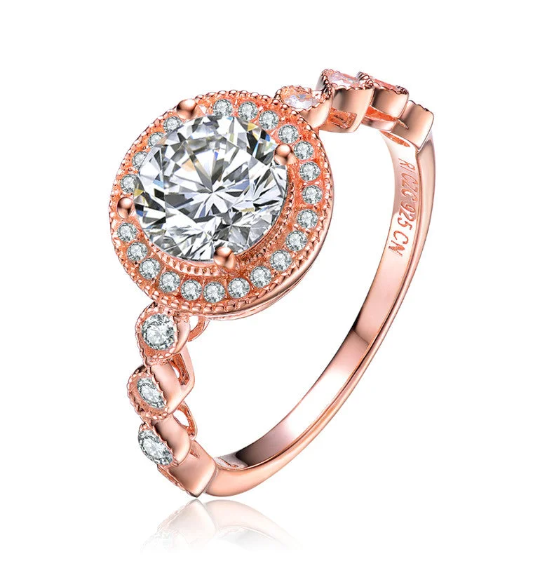 engagement rings with emerald-cut diamonds -GENEVIVE Sterling Silver Rose Gold Plated Cubic Zirconia Pave Solitaire Ring