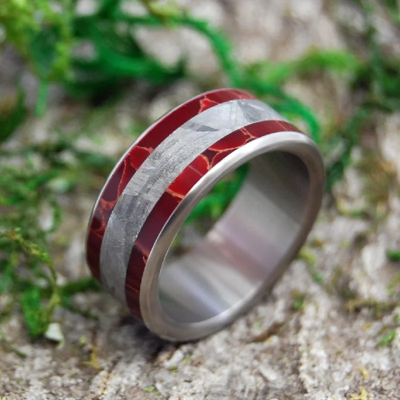 women’s stacking rings -Stellar Fires | Men's Meteorite, Red Jasper Stone & Titanium Wedding Ring