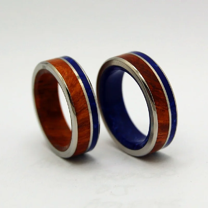 sterling silver rings -Twilight By Lake | Amboyna Burl Wood & Sodalite Stone - Unique Wedding Ring Set