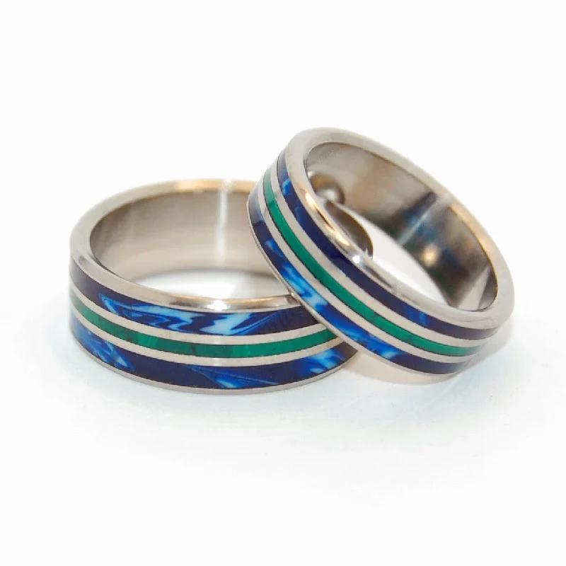 unique rings for women -Our World Flip | Jade Stone & Blue Vintage Resin - Titanium Wedding Ring Set